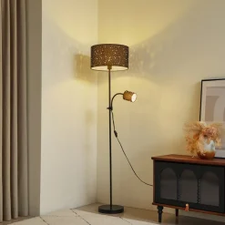 Lindby Melanie gulvlampe, grå, stof, Ø 36 cm, 2 lyskilder.