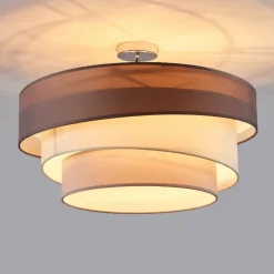Lindby Melia loftlampe, brun/grå, tekstil, Ø 56cm