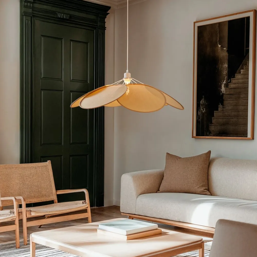 Lindby pendel Astraia, natur/hvid, rattan, Ø 80 cm