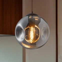 Lindby pendel Valentina, E27, Ø 25 cm, røgfarvet grå, glas