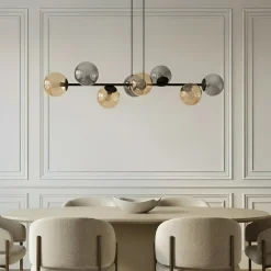 Lindby pendellampe Isamer, smoke grey/amber, 130 cm, globe