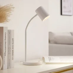 Lindby Radka bordlampe, hvid, plast, GU10, fleksibel arm