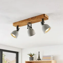 Lindby Spot Mitis, 50 cm, 3 lyskilder, grå, træ, beton, GU10