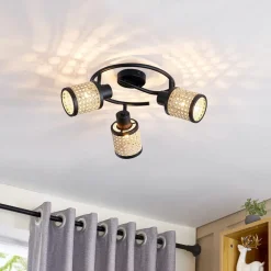 Lindby Spotlights>spot Yaelle, Ø 30 cm, 3 lyskilder, rattan, sort, E27