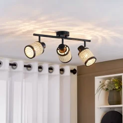 Lindby Spot Yaelle, 52 cm, 3-lys, rattan, sort, E27