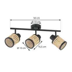 Lindby Spot Yaelle, 52 cm, 3-lys, rattan, sort, E27