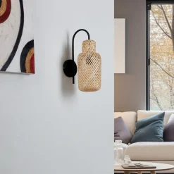 Lindby Venora væglampe, højde 43 cm, sort, træ, bambus