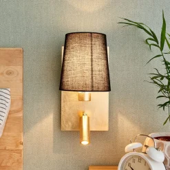 Lindby væglampe Aiden, 30 cm, sort, guld, LED-læselampe