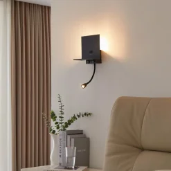 Lindby væglampe Thorid, sort, USB, LED-læselampe, G9