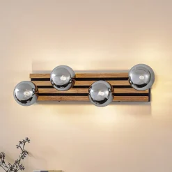 Lindby væglampe Woodora, træ, glas, røggrå, 4 lyskilder