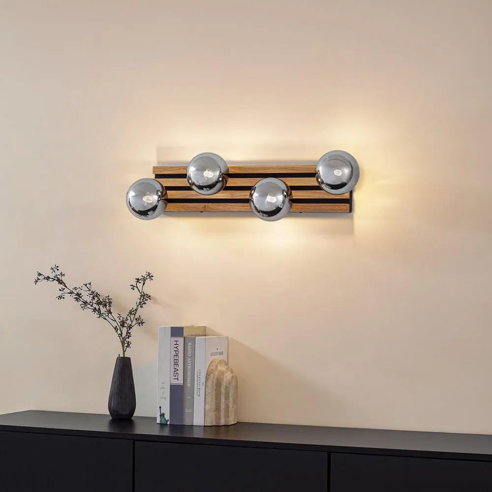 Lindby væglampe Woodora, træ, glas, røggrå, 4 lyskilder