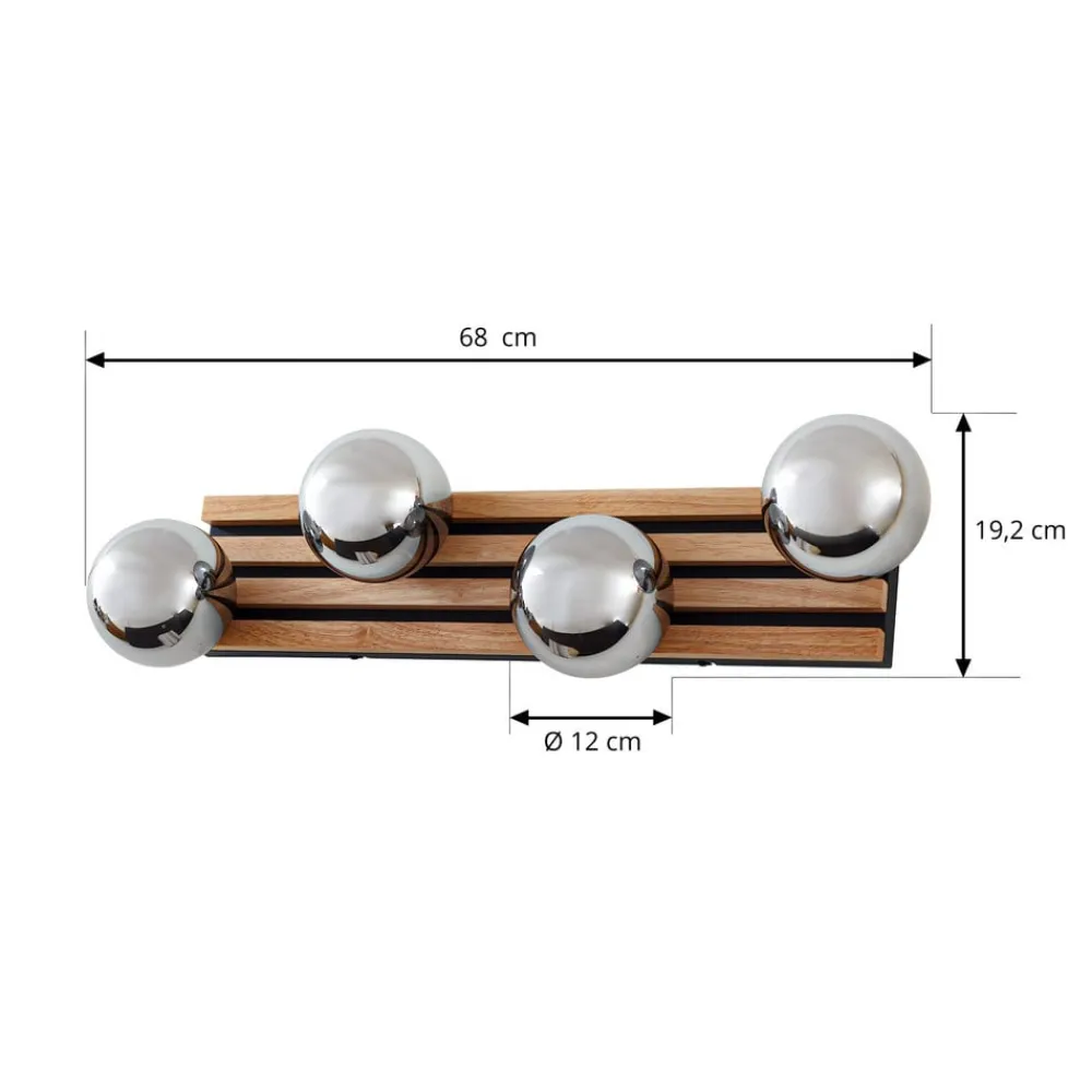 Lindby væglampe Woodora, træ, glas, røggrå, 4 lyskilder