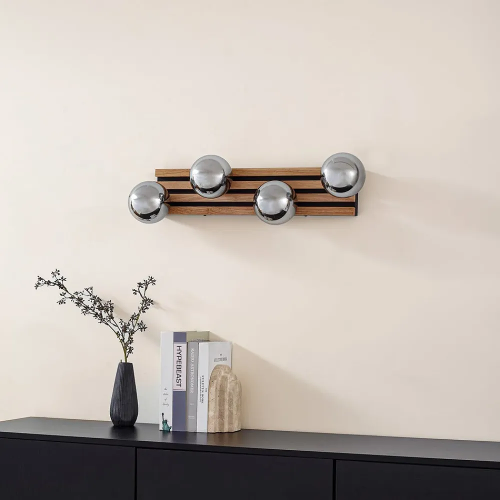 Lindby væglampe Woodora, træ, glas, røggrå, 4 lyskilder