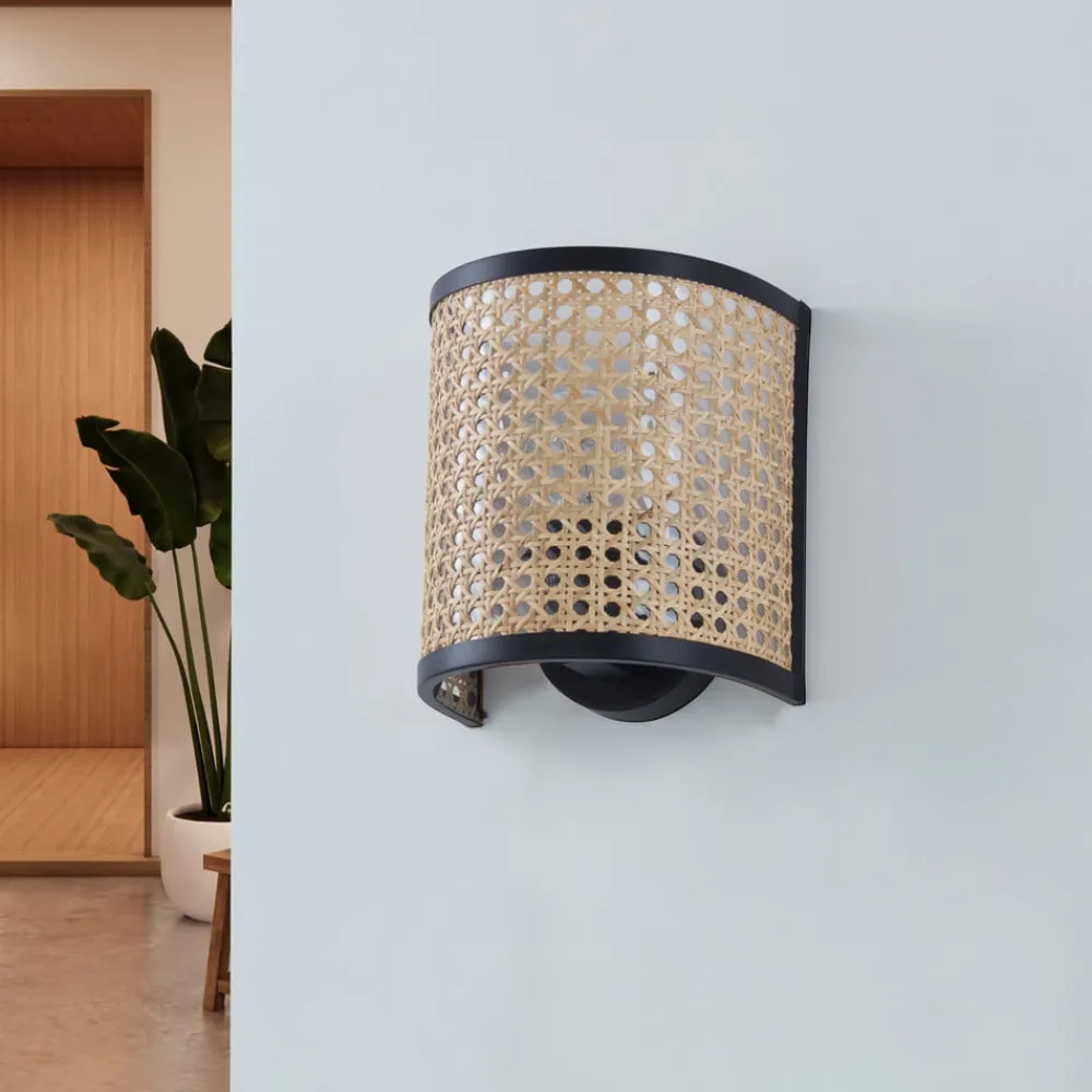 væglampe Yaelle, 20 cm høj, rattan, sort, E27^Lindby Best