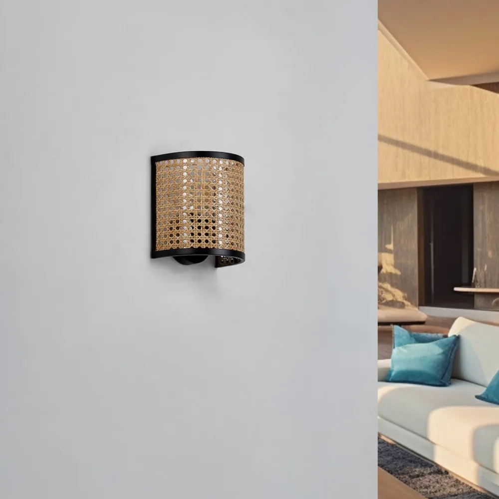 væglampe Yaelle, 20 cm høj, rattan, sort, E27^Lindby Best