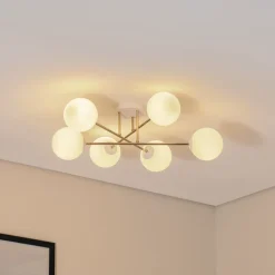 Loftlampe Glassy, 6 lyskilder, hvid/guld/opal^Euluna