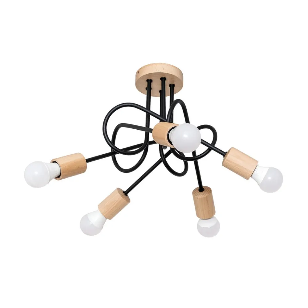 Loftlampe Oxford, sort, træ, metal, 5 lyskilder, Ø 47 cm^HELAM Outlet