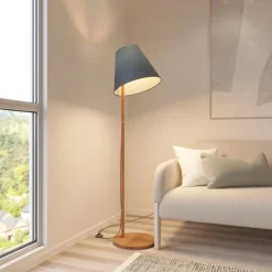 gulvlampe Jinda, blå, træ, stof, 160 cm, E27^Lucande New