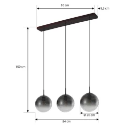 hængelampe Veloura, 3 lyskilder, 84 cm, glas, træ^Lucande