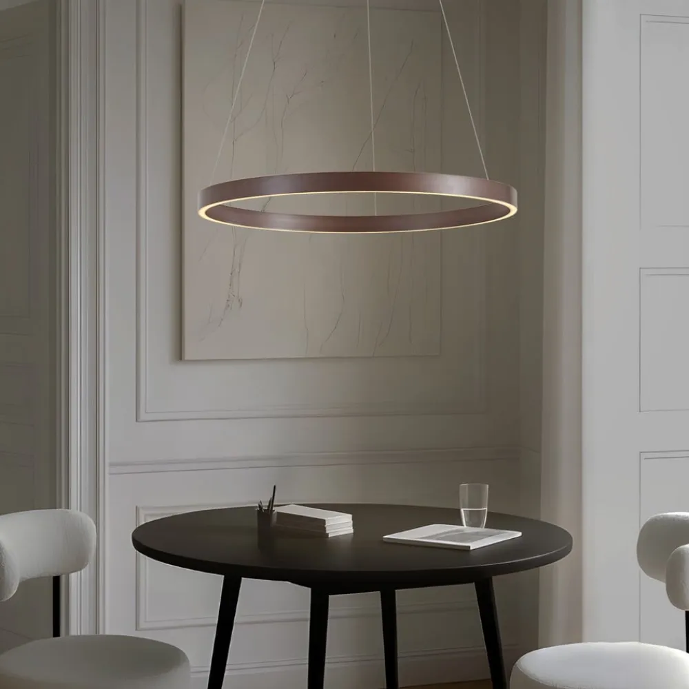 Lucande LED-hængelampe Yonam, Ø 80 cm, 1 lyskilde, brun, CCT