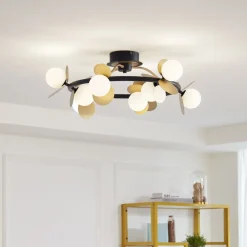 Lucande Gang|Loftlamper>LED-loftslampe Pallo, 9-lys, sort/guld, glas