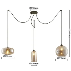 pendellampe Zyli, 3 lyskilder, røggrå, glas^Lucande Best