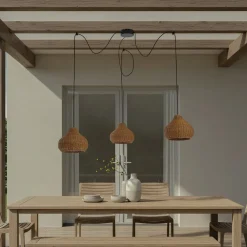 udendørs hængelampe Taniola, 3 lyskilder, beige, rattan, IP44^Lucande New