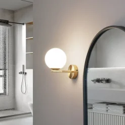 Lucande Væg- Og Spejllamper>-væglampe Bidolo, messingfarvet, glas, 12 cm, IP44