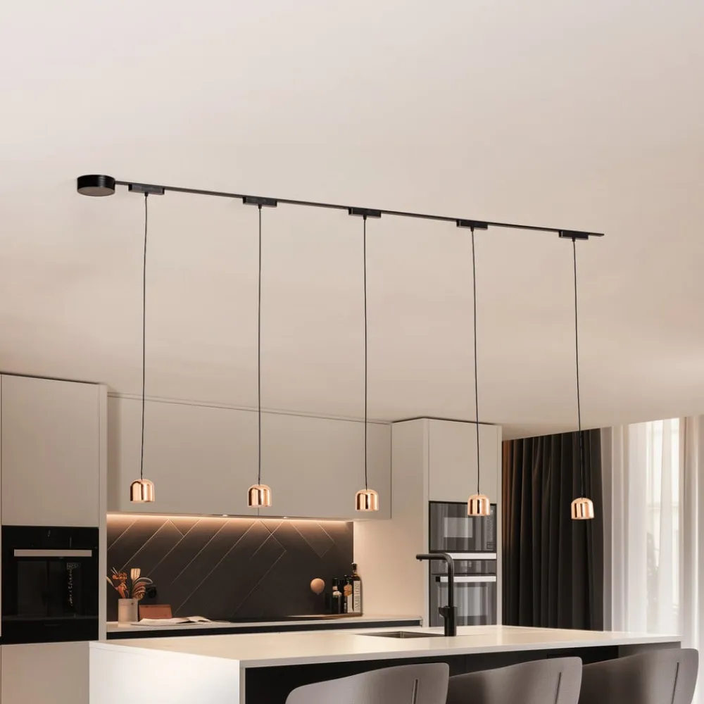 Lumaro skinnesystem, pendel, 5 lyskilder, guld, 48V, dæmpbar^Lindby