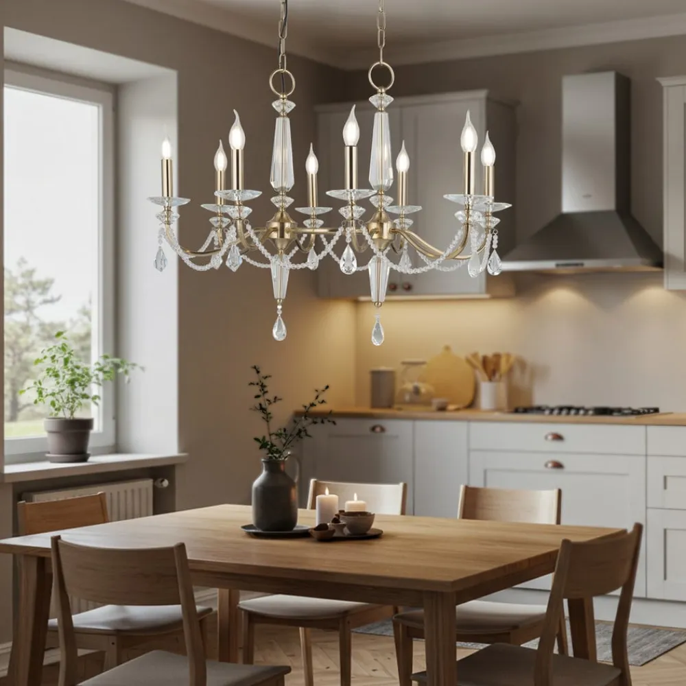 Lucea Lysekroner>Lysekrone Adone, lineær, 8 lyskilder, messing, krystalglas