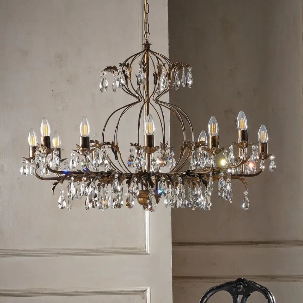 ONLI Lysekrone Teresa, 12 lyskilder, bronzefarvet, krystal