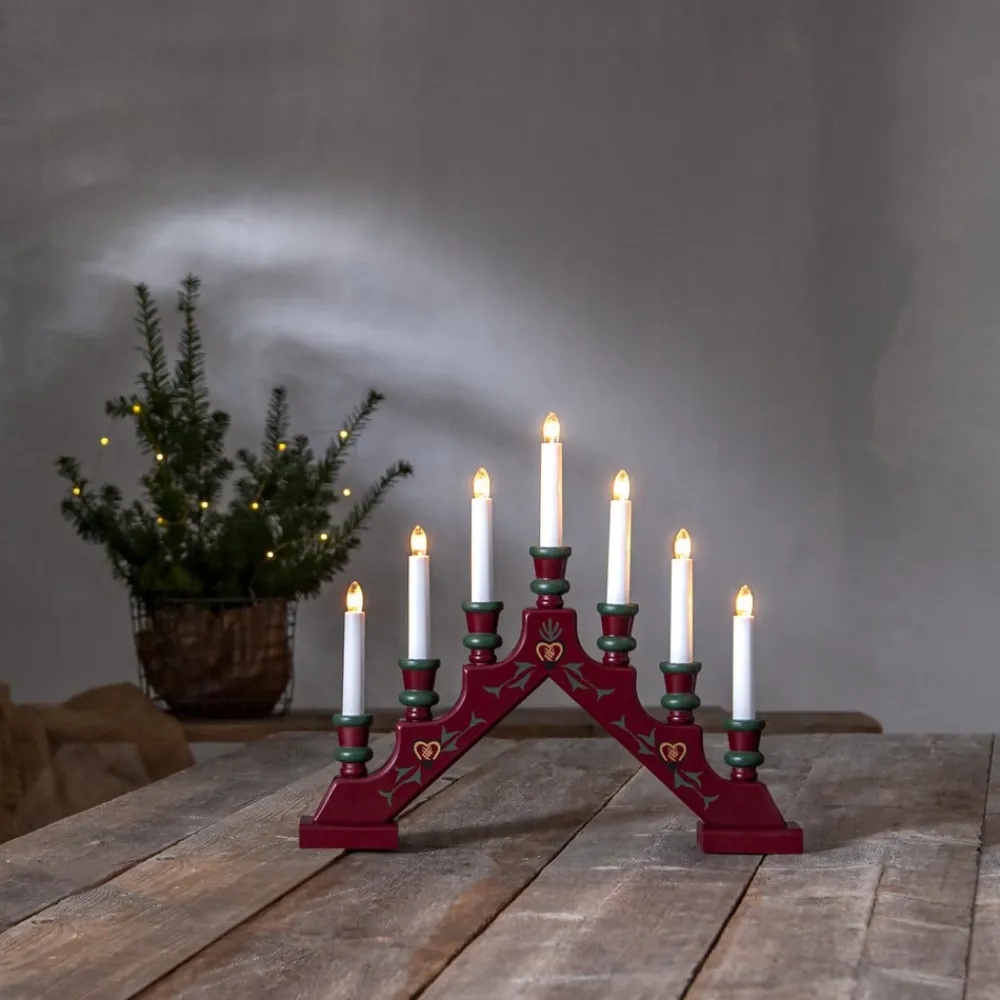 Lysestage Sara, rød, træ, 43 cm bred, 7 lyskilder, E10^STAR TRADING Best