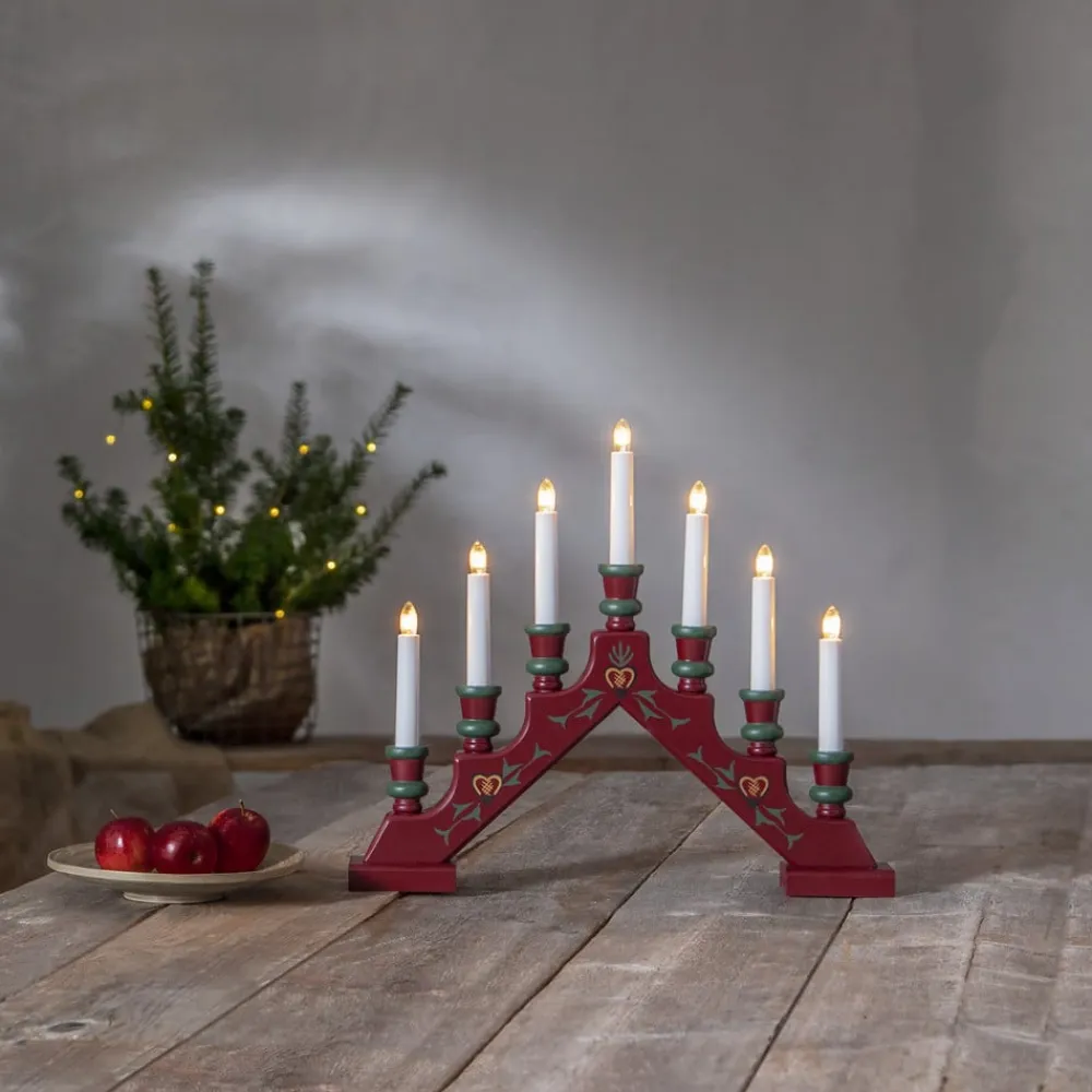 Lysestage Sara, rød, træ, 43 cm bred, 7 lyskilder, E10^STAR TRADING Best