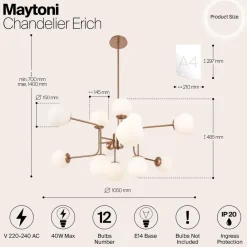 lysekrone Erich, messing roséglas/metal 12 lyskilder.^Maytoni New