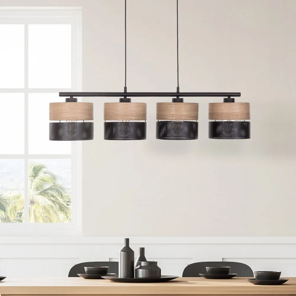 Nicol hængelampe, sort/træ-effekt, 94x20 cm 4-lys 4 x E27^TK Lighting Sale