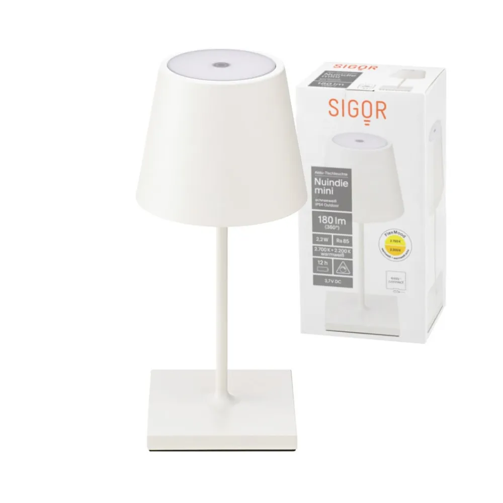 Nuindie mini LED genopladelig bordlampe, USB-C, hvid, IP54, dæmpbar^Sigor Discount