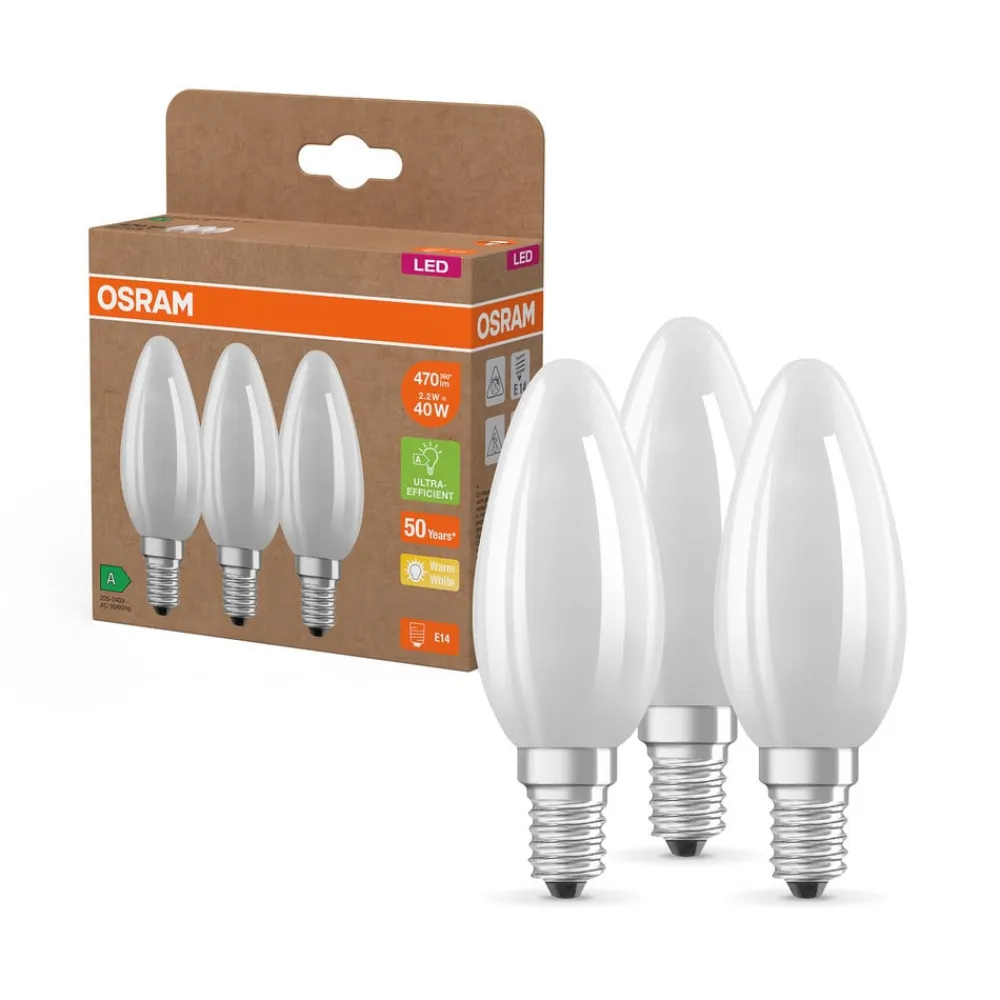 OSRAM Led Pærer>LED stearinlys mat E14 2,2W 827 energiklasse A 3-pak