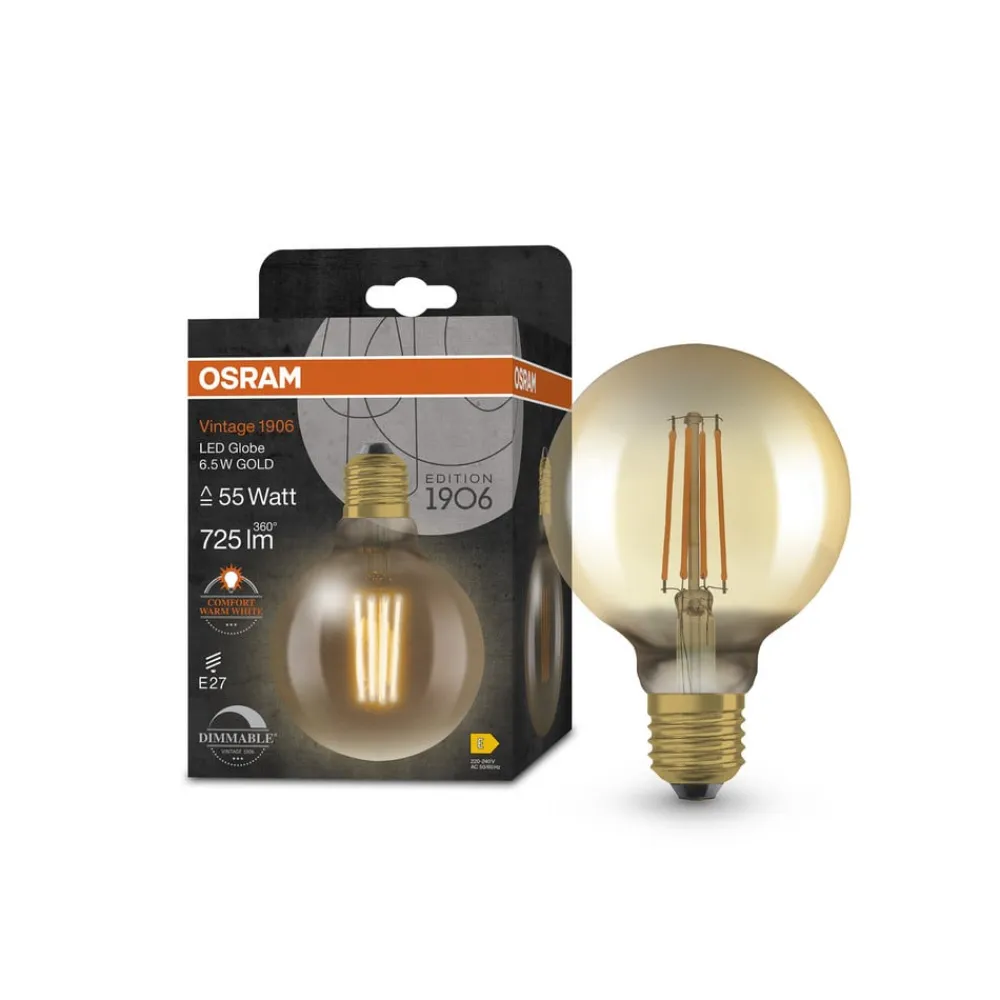 OSRAM LED Vintage 1906, G95, E27, 6,5 W, guld, 2.400 K, dim.