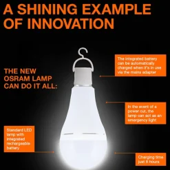 OSRAM LED-pære E27 8W mat 2700K genopladeligt batteri nødlys