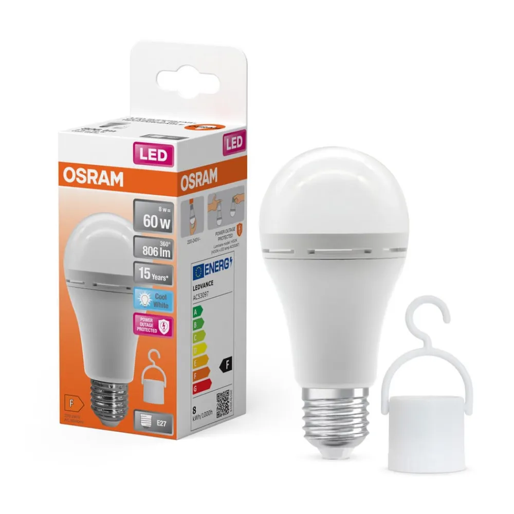 OSRAM Led Pærer>LED-pære E27 8W mat 4000K genopladeligt batteri nødlys
