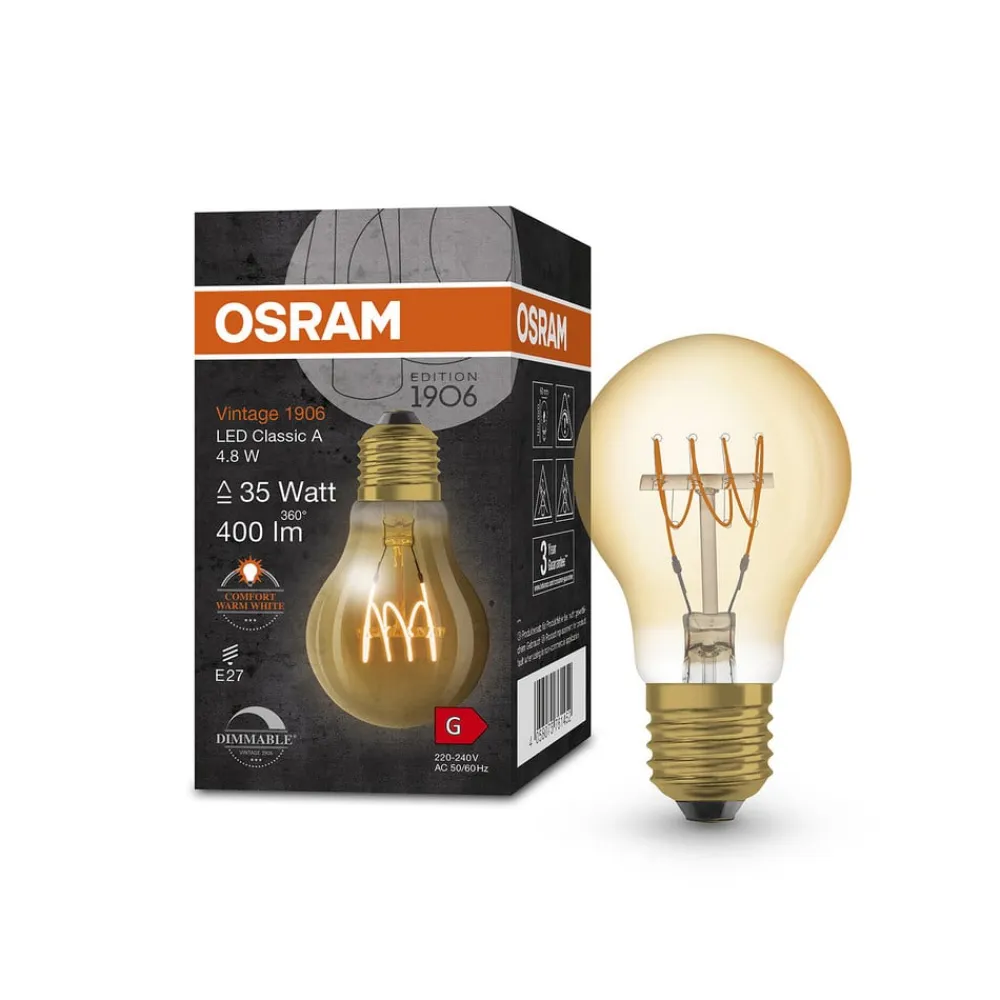OSRAM Dæmpbar Led-Pære|Filament Pære>Vintage 1906 E27 4,8W LED A60 822 guld dæmpbar
