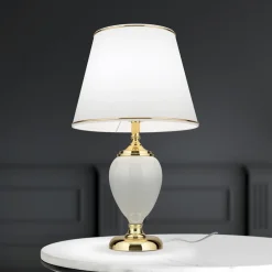 ORION Bordlamper>Ovum bordlampe, hvid/guldfarvet, højde 48 cm, keramik/chintz