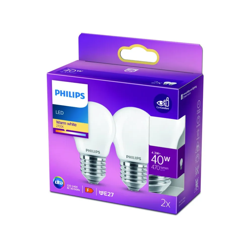 Philips Led Pærer>LED-pære E27 P45 4,3 W 2.700K opal 2 stk