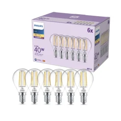 Philips Led Pærer>LED-pære E14 P45 4,3W 470lm 2700K filament 6-pak