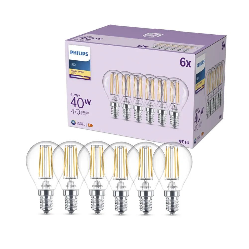 Philips Led Pærer>LED-pære E14 P45 4,3W 470lm 2700K filament 6-pak