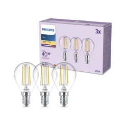 Philips Led Pærer>LED-pære E14 P45 4,3W 470lm 2700K filament 3-pak