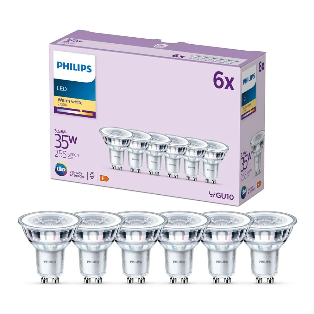 Philips Led Pærer>LED-pære GU10 3,5W 255lm 827 klar 36° 6stk