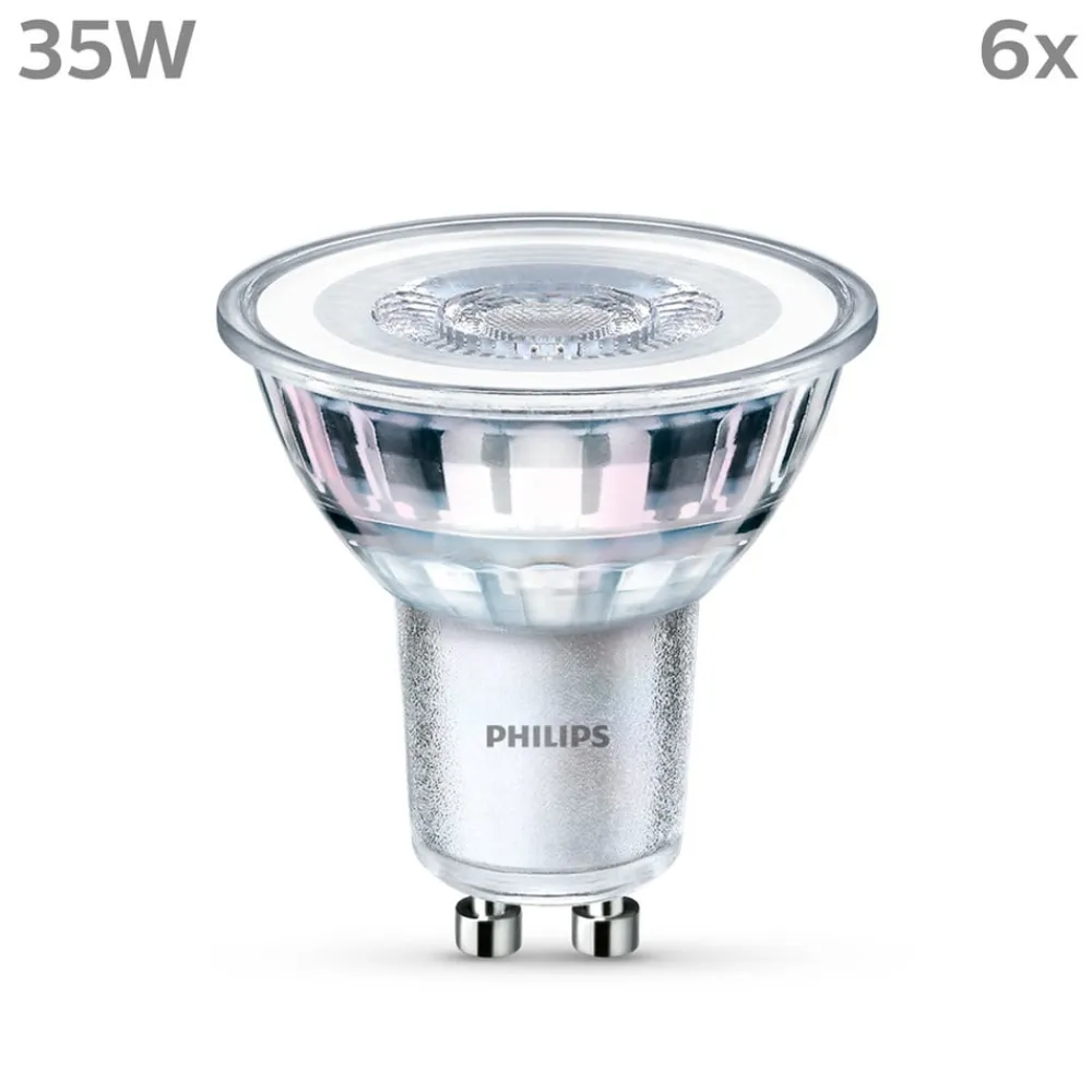 Philips Led Pærer>LED-pære GU10 3,5W 255lm 827 klar 36° 6stk