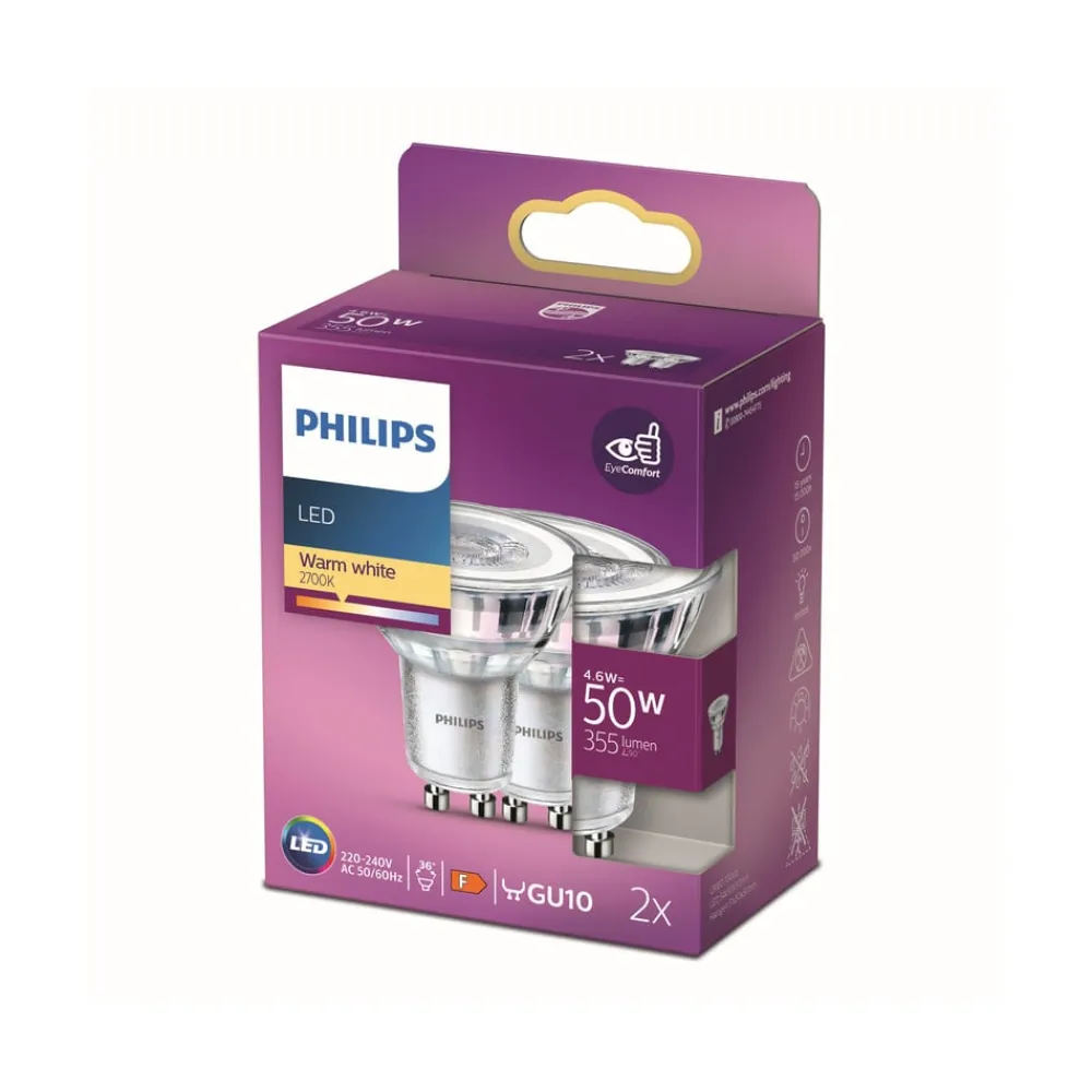 Philips Led Pærer>LED-reflektor GU10 4,6 W 2.700 K 36° 2 stk