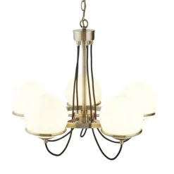 Sphere lysekrone, messing, med fem glaskugler^Searchlight